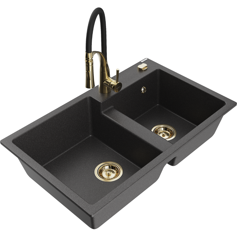 Mexen Tomas 2-compartment granite sink with a kitchen mixer tap Aster, spotted black - 6516-76-73450-57-G