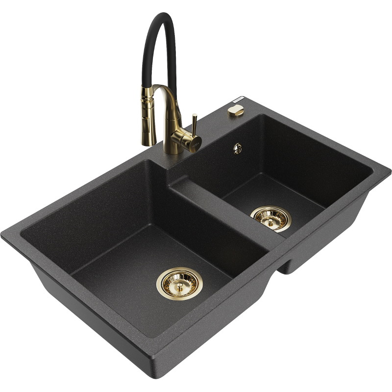 Mexen Tomas granite 2-bowl sink with Aster kitchen faucet, black speckled - 6516-76-73450-57-G