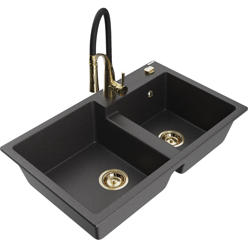 Mexen Tomas granite sink 2-bowl with Aster kitchen tap, black speckled - 6516-76-73450-57-G