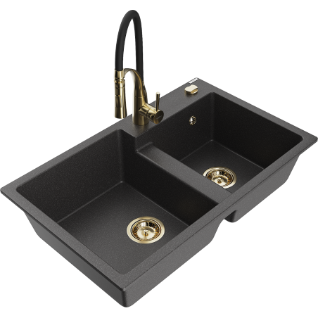 Mexen Tomas granite 2-bowl sink with Aster kitchen faucet, black speckled - 6516-76-73450-57-G