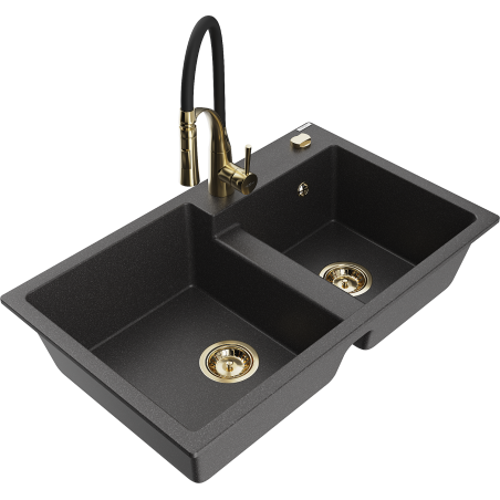 Mexen Tomas granite sink 2-bowl with Aster kitchen tap, black speckled - 6516-76-73450-57-G