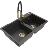 Mexen Tomas granite 2-bowl sink with Aster kitchen faucet, black speckled - 6516-76-73450-57-G