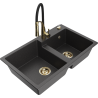 Mexen Tomas granite sink 2-bowl with Aster kitchen tap, black speckled - 6516-76-73450-57-G