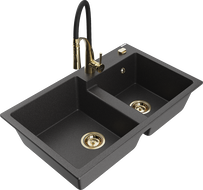 Mexen Tomas granite sink 2-bowl with Aster kitchen tap, black speckled - 6516-76-73450-57-G