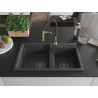 Mexen Tomas granite double bowl kitchen sink with Aster kitchen faucet, black speckled - 6516-76-73450-57-B