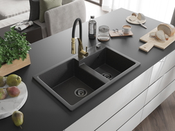 Mexen Tomas granite kitchen sink 2-bowl with Aster tap, black speckled - 6516-76-73450-57-B