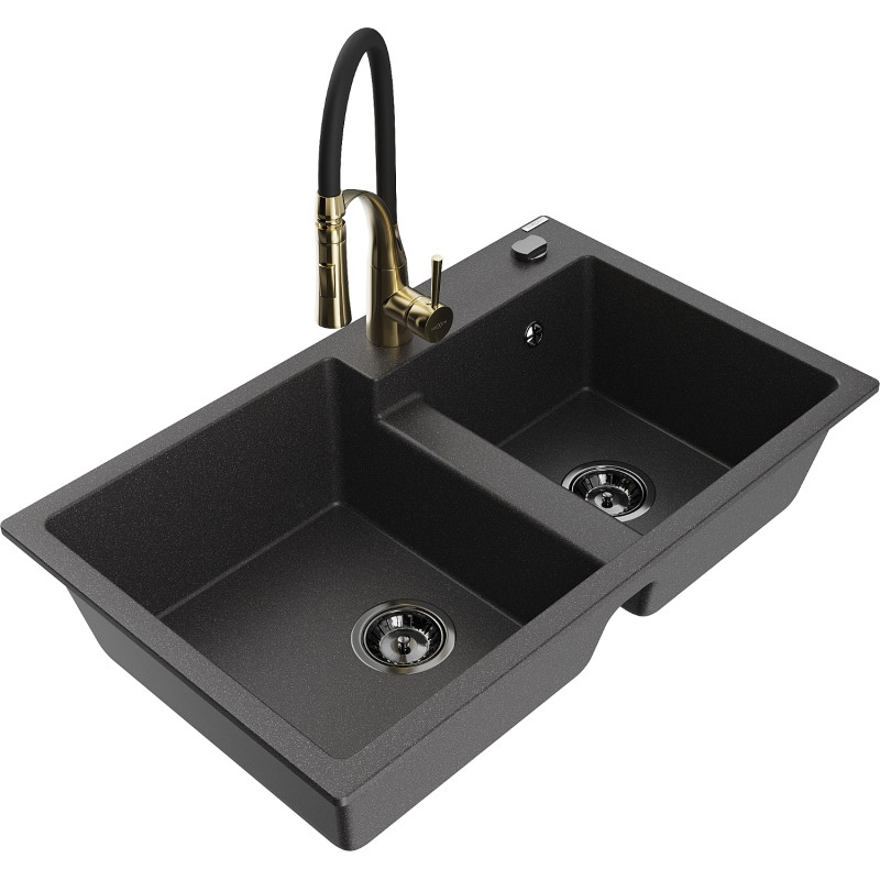 Mexen Tomas granite double bowl kitchen sink with Aster kitchen faucet, black speckled - 6516-76-73450-57-B