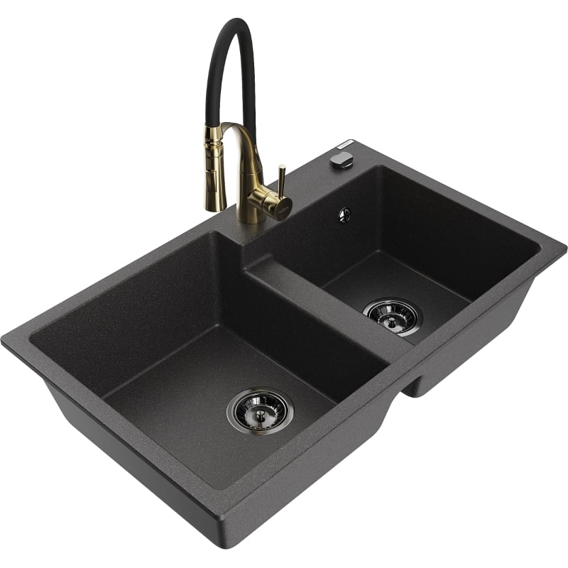 Mexen Tomas granite kitchen sink 2-compartment with Aster kitchen faucet, black speckled - 6516-76-73450-57-B