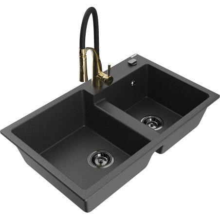 Mexen Tomas granite double bowl kitchen sink with Aster kitchen faucet, black speckled - 6516-76-73450-57-B