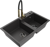 Mexen Tomas granite kitchen sink 2-bowl with Aster tap, black speckled - 6516-76-73450-57-B