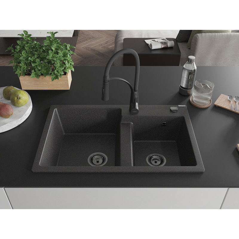 Mexen Tomas granite sink 2-bowl with Aster kitchen tap, black speckled - 6516-76-73450-70-B