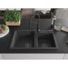 Mexen Tomas granite sink 2-bowl with Aster kitchen tap, black speckled - 6516-76-73450-70-B