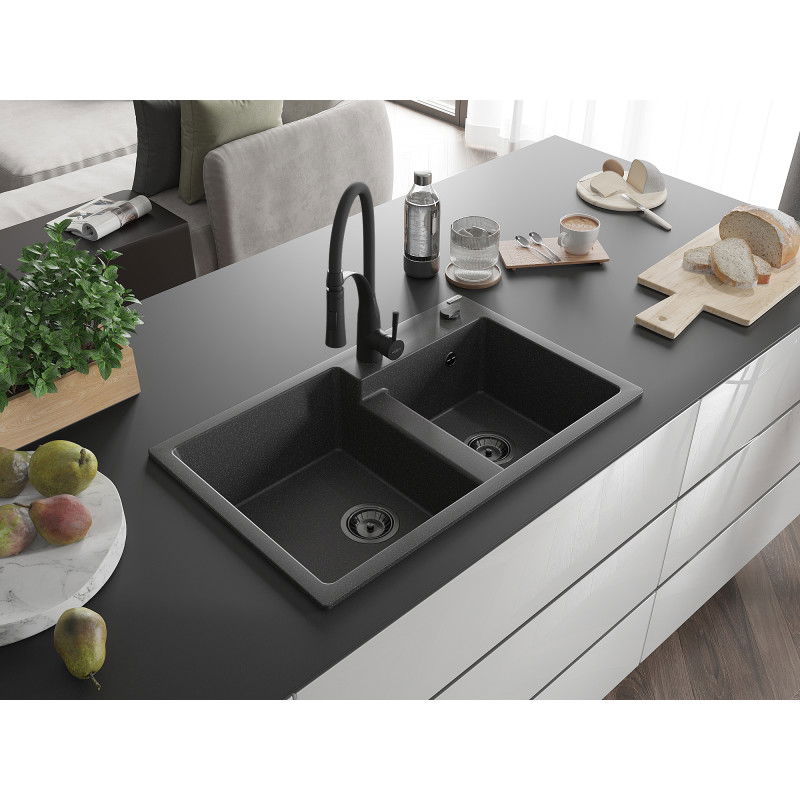 Mexen Tomas granite sink 2-bowl with Aster kitchen tap, black speckled - 6516-76-73450-70-B