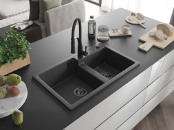 Mexen Tomas granite sink 2-bowl with Aster kitchen tap, black speckled - 6516-76-73450-70-B
