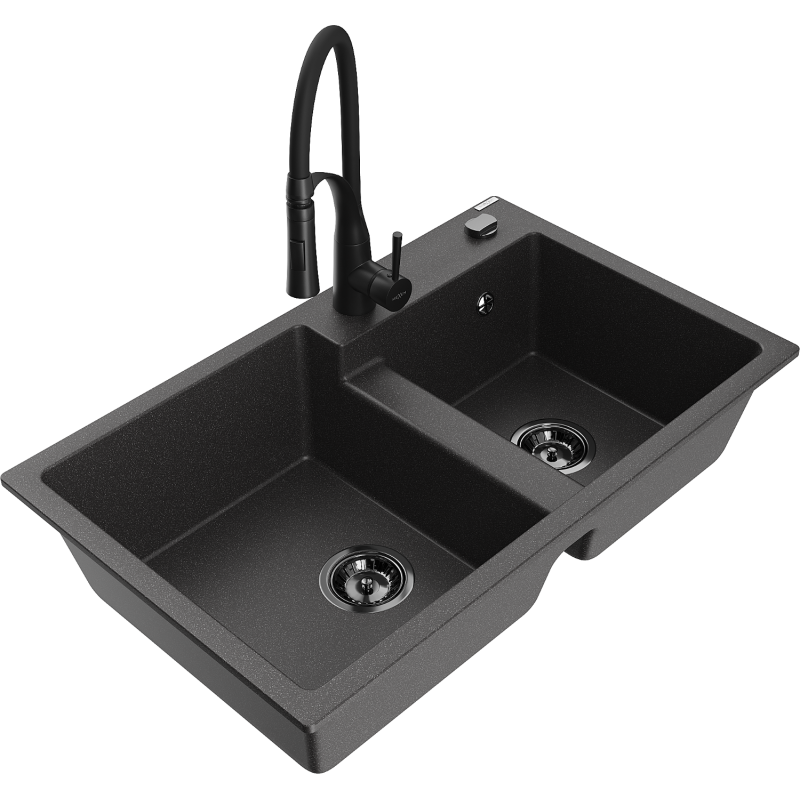 Mexen Tomas granite sink 2-bowl with Aster kitchen tap, black speckled - 6516-76-73450-70-B