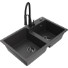Mexen Tomas 2-bowl granite kitchen sink with Aster kitchen faucet, black speckled - 6516-76-73450-70-B