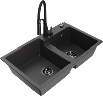 Mexen Tomas granite sink 2-bowl with Aster kitchen tap, black speckled - 6516-76-73450-70-B