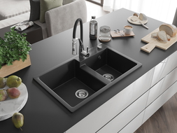 Mexen Tomas granite kitchen sink 2-bowl with Aster kitchen tap, black - 6516-77-73450-07