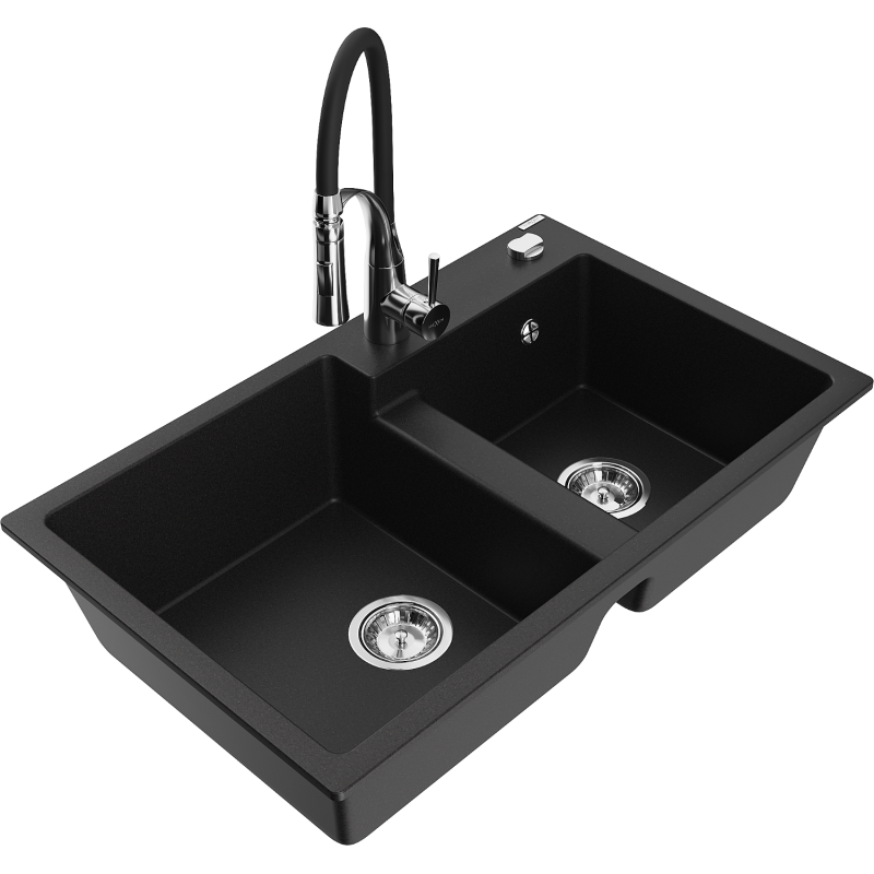 Mexen Tomas 2-compartment granite sink with a kitchen mixer tap Aster, Black - 6516-77-73450-07