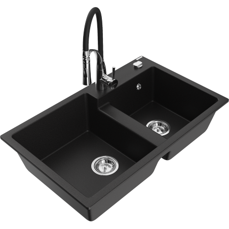 Mexen Tomas granite kitchen sink 2-bowl with Aster kitchen tap, black - 6516-77-73450-07