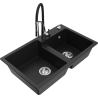 Mexen Tomas granit sink 2-compartment with Aster kitchen faucet, black - 6516-77-73450-07