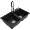 Mexen Tomas granite kitchen sink 2-bowl with Aster kitchen tap, black - 6516-77-73450-07