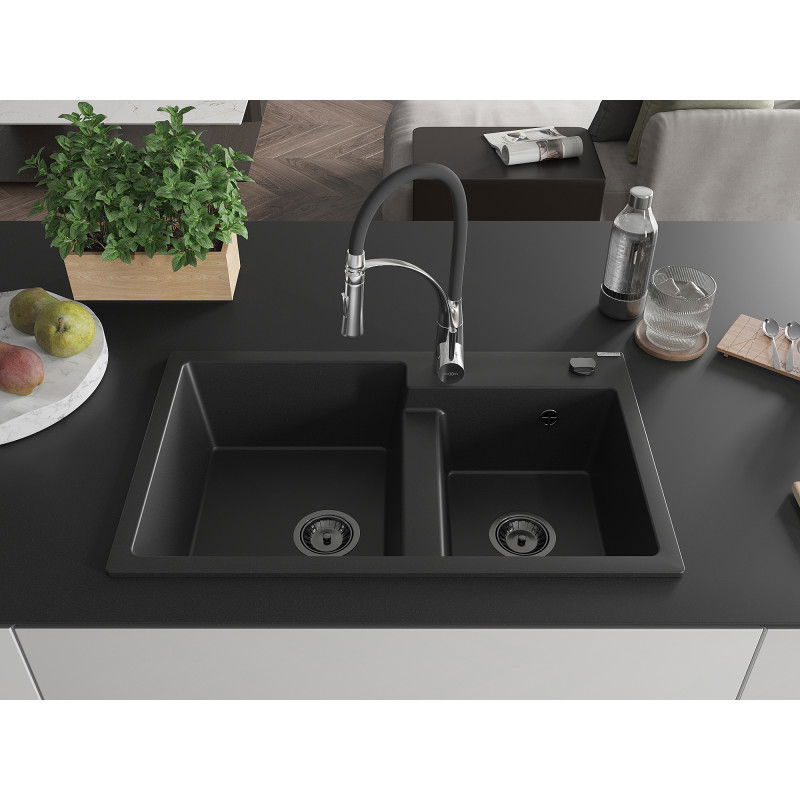 Mexen Tomas granite sink 2-bowl with Aster kitchen tap, black - 6516-77-73450-07-B