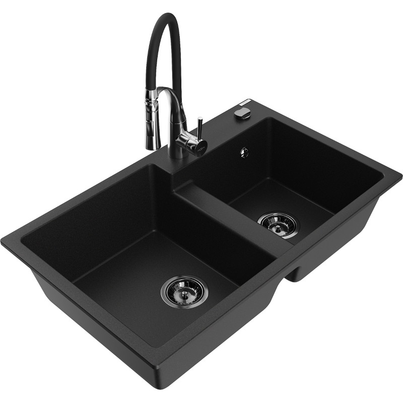 Mexen Tomas granite 2-bowl kitchen sink with Aster faucet, black - 6516-77-73450-07-B