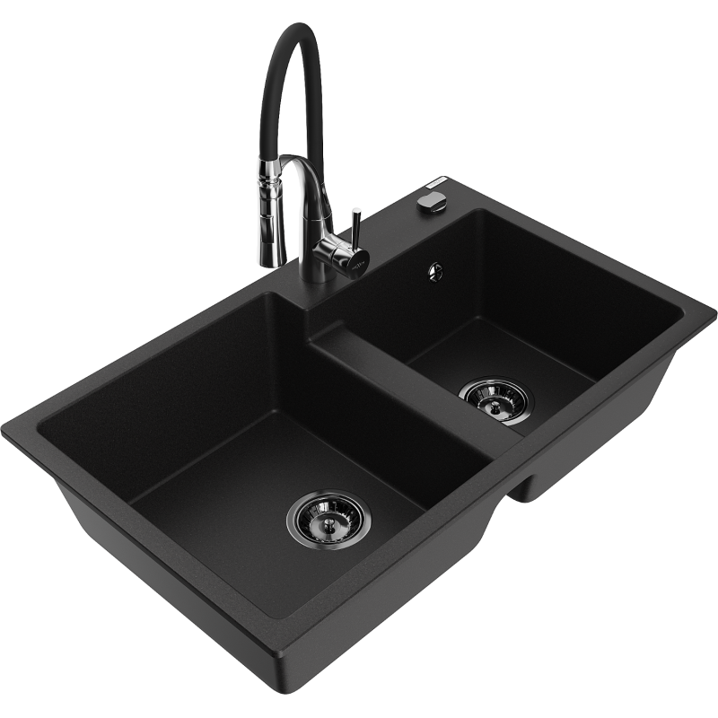 Mexen Tomas granite sink 2-bowl with Aster kitchen tap, black - 6516-77-73450-07-B