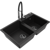 Mexen Tomas granite sink 2-bowl with Aster kitchen tap, black - 6516-77-73450-07-B