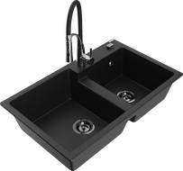 Mexen Tomas granite sink 2-bowl with Aster kitchen tap, black - 6516-77-73450-07-B