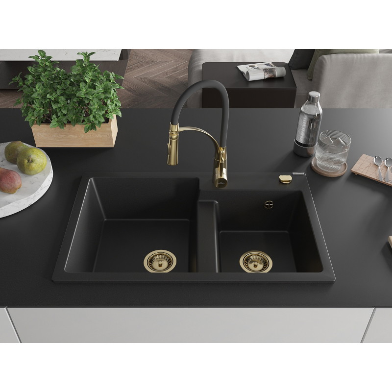 Mexen Tomas 2-bowl granite sink with Aster kitchen faucet, black - 6516-77-73450-57-G