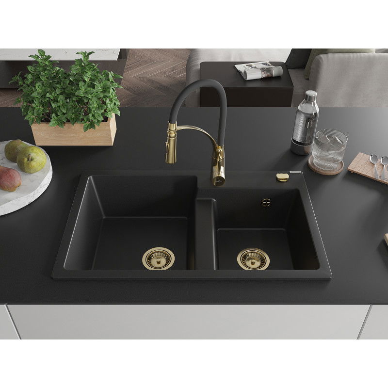 Mexen Tomas Granite 2-Bowl Sink with Aster Kitchen Tap, Black - 6516-77-73450-57-G