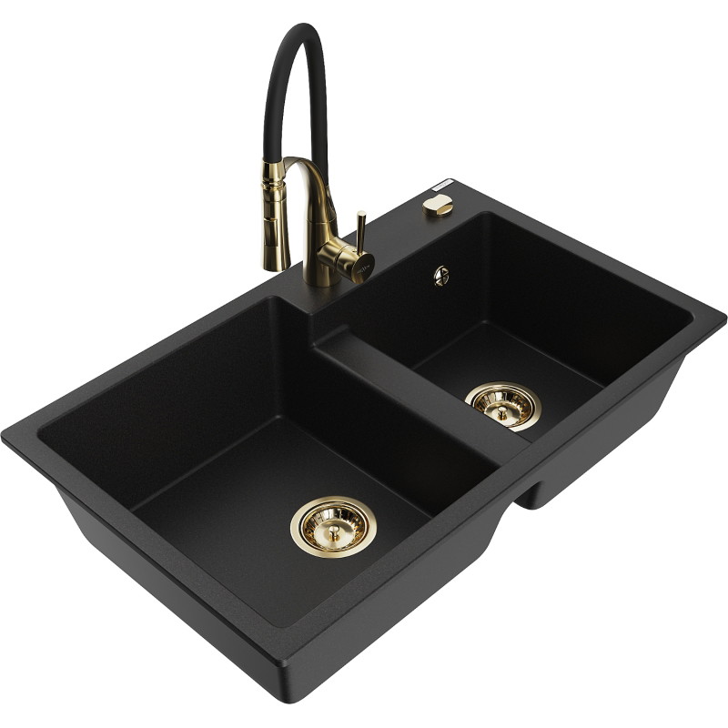 Mexen Tomas 2-bowl granite sink with Aster kitchen faucet, black - 6516-77-73450-57-G