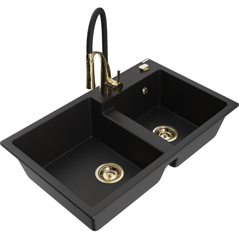 Mexen Tomas 2-compartment granite sink with a kitchen mixer tap Aster, Black - 6516-77-73450-57-G