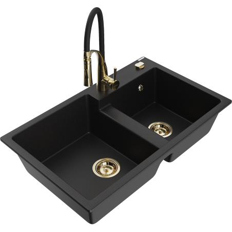 Mexen Tomas 2-compartment granite sink with Aster kitchen faucet, black - 6516-77-73450-57-G