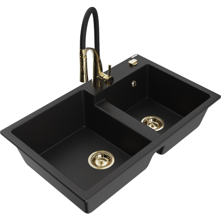Mexen Tomas Granite 2-Bowl Sink with Aster Kitchen Tap, Black - 6516-77-73450-57-G