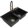 Mexen Tomas Granite 2-Bowl Sink with Aster Kitchen Tap, Black - 6516-77-73450-57-G