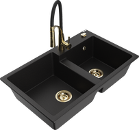 Mexen Tomas 2-bowl granite sink with Aster kitchen faucet, black - 6516-77-73450-57-G
