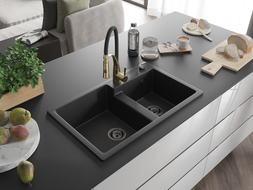 Mexen Tomas 2-bowl granite kitchen sink with Aster faucet, black - 6516-77-73450-57-B