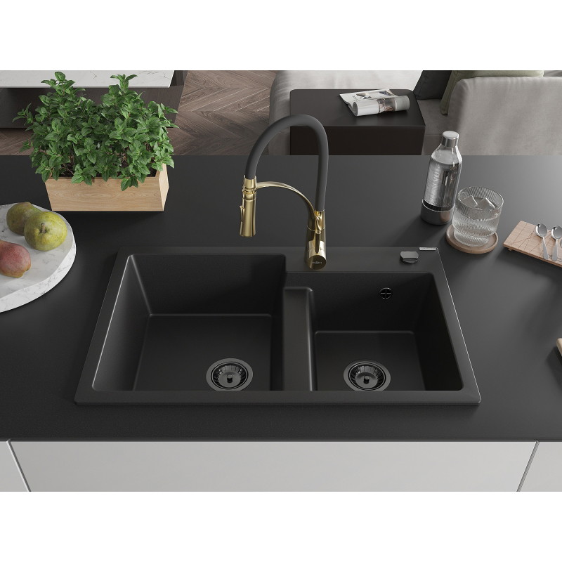 Mexen Tomas granite double-bowl sink with Aster kitchen faucet, black - 6516-77-73450-57-B