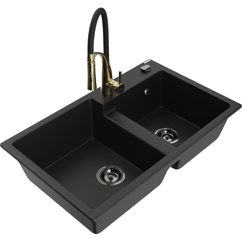 Mexen Tomas granite double-bowl sink with Aster kitchen faucet, black - 6516-77-73450-57-B