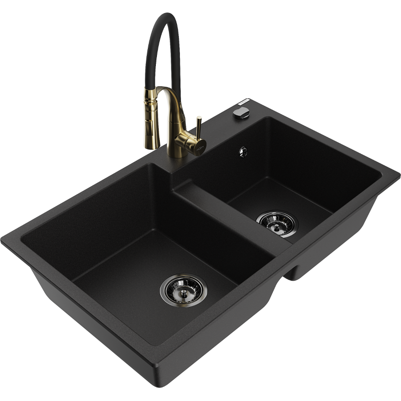 Mexen Tomas Granite Sink 2-Compartment with Aster Kitchen Tap, Black - 6516-77-73450-57-B