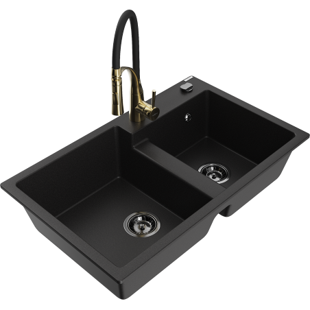 Mexen Tomas granite double-bowl sink with Aster kitchen faucet, black - 6516-77-73450-57-B
