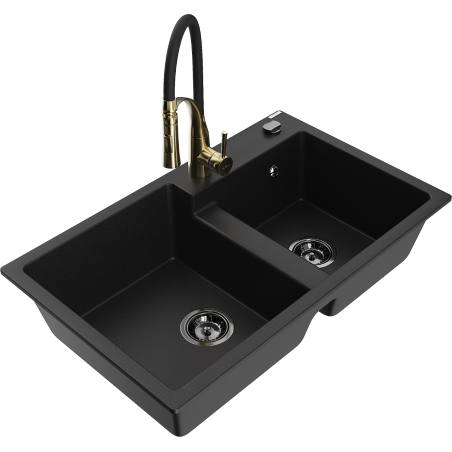 Mexen Tomas Granite Sink 2-Compartment with Aster Kitchen Tap, Black - 6516-77-73450-57-B