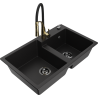 Mexen Tomas granite double-bowl sink with Aster kitchen faucet, black - 6516-77-73450-57-B