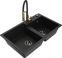 Mexen Tomas 2-bowl granite kitchen sink with Aster faucet, black - 6516-77-73450-57-B
