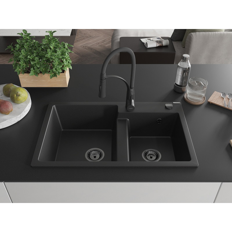 Mexen Tomas 2-chamber granite sink with kitchen faucet Aster, black - 6516-77-73450-70-B