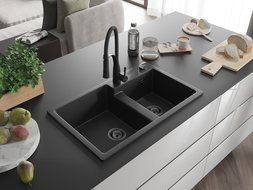 Mexen Tomas 2-compartment granite sink with a kitchen mixer tap Aster, Black - 6516-77-73450-70-B