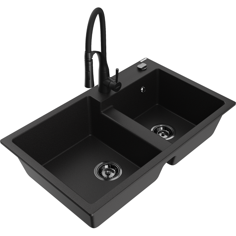 Mexen Tomas 2-compartment granite sink with a kitchen mixer tap Aster, Black - 6516-77-73450-70-B